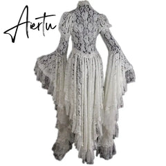 Women White Vintage Solid Lace Flare Sleeve Medieval Cardigan Cosplay Elegant Long Tail Pleated Outwear Victorian Ball Gown Aiertu