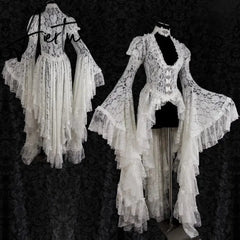 Women White Vintage Solid Lace Flare Sleeve Medieval Cardigan Cosplay Elegant Long Tail Pleated Outwear Victorian Ball Gown Aiertu