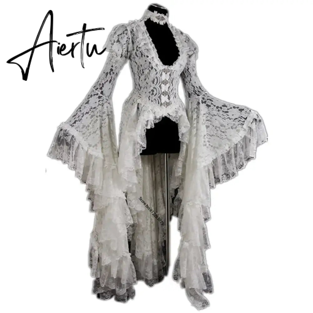 Women White Vintage Solid Lace Flare Sleeve Medieval Cardigan Cosplay Elegant Long Tail Pleated Outwear Victorian Ball Gown Aiertu