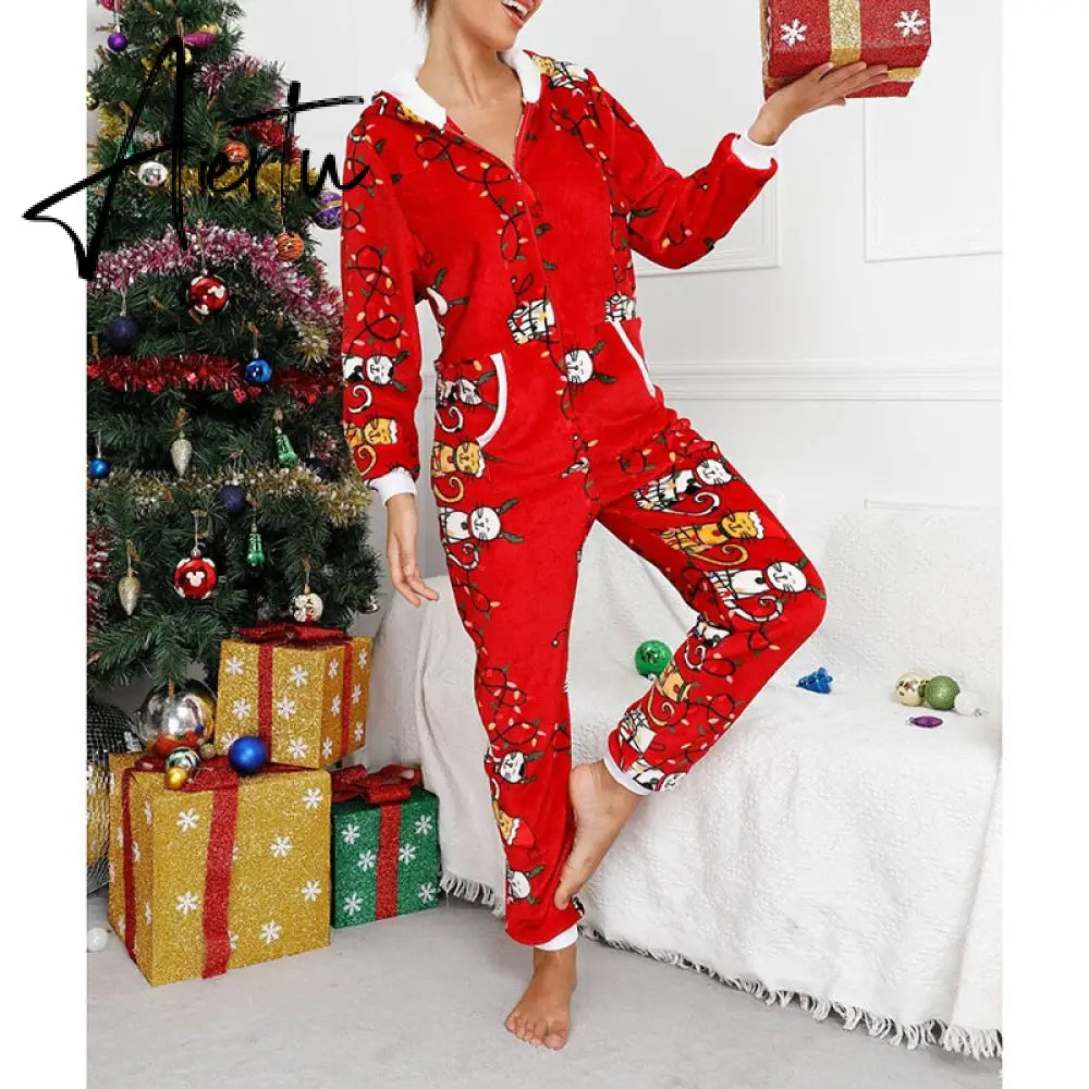 Women Winter Casual Nightwear Christmas Printed Long Sleeve Hooded Jumpsuit Loose Pajama Home Sleep Wear S/ M/ L/ XL/ XXL Aiertu