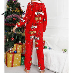 Women Winter Casual Nightwear Christmas Printed Long Sleeve Hooded Jumpsuit Loose Pajama Home Sleep Wear S/ M/ L/ XL/ XXL Aiertu