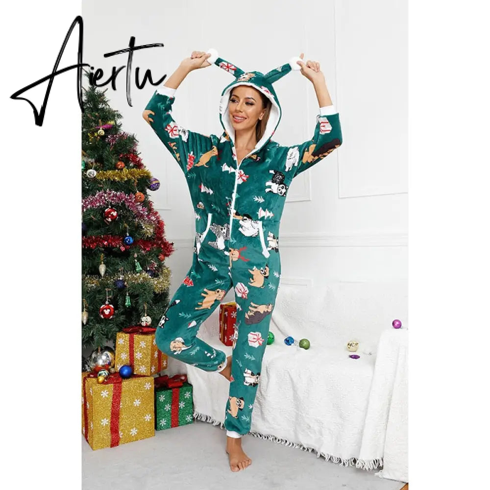 Women Winter Casual Nightwear Christmas Printed Long Sleeve Hooded Jumpsuit Loose Pajama Home Sleep Wear S/ M/ L/ XL/ XXL Aiertu