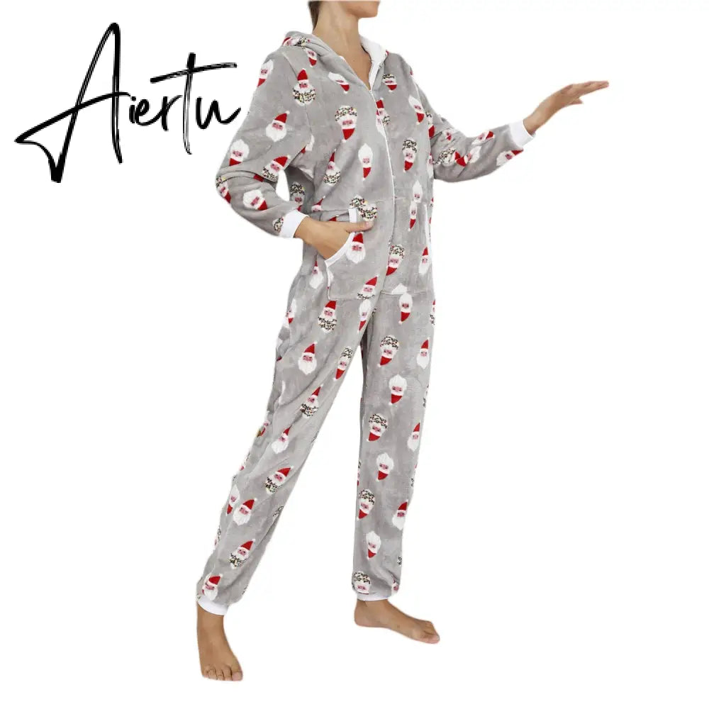 Women Winter Casual Nightwear Christmas Printed Long Sleeve Hooded Jumpsuit Loose Pajama Home Sleep Wear S/ M/ L/ XL/ XXL Aiertu