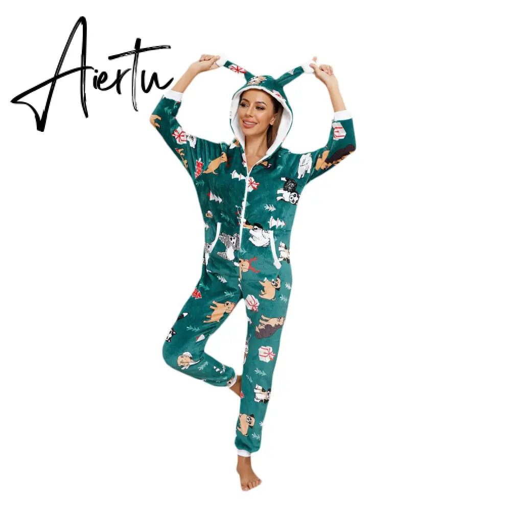 Women Winter Casual Nightwear Christmas Printed Long Sleeve Hooded Jumpsuit Loose Pajama Home Sleep Wear S/ M/ L/ XL/ XXL Aiertu