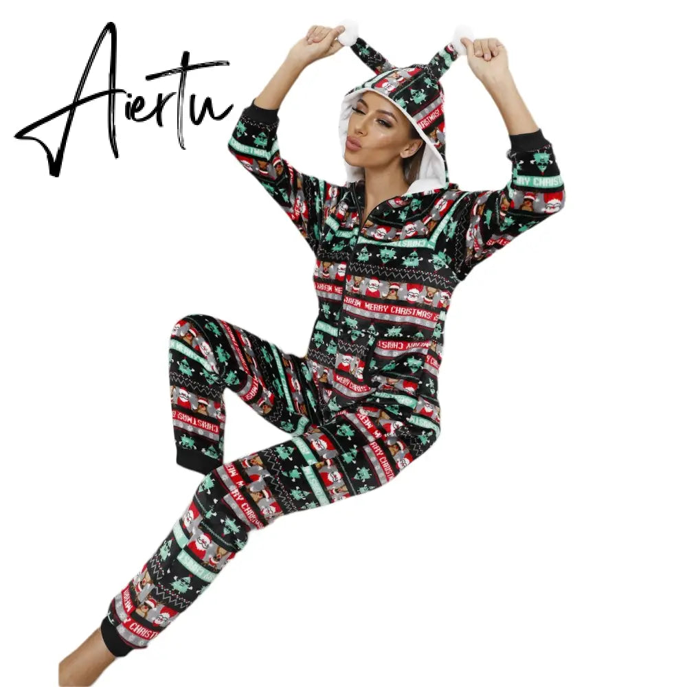 Women Winter Casual Nightwear Christmas Printed Long Sleeve Hooded Jumpsuit Loose Pajama Home Sleep Wear S/ M/ L/ XL/ XXL Aiertu