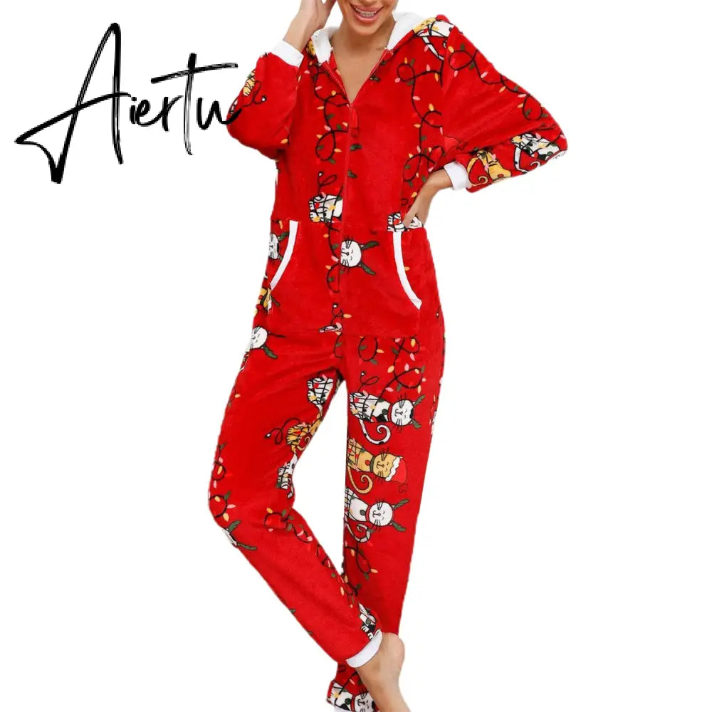 Women Winter Casual Nightwear Christmas Printed Long Sleeve Hooded Jumpsuit Loose Pajama Home Sleep Wear S/ M/ L/ XL/ XXL Aiertu