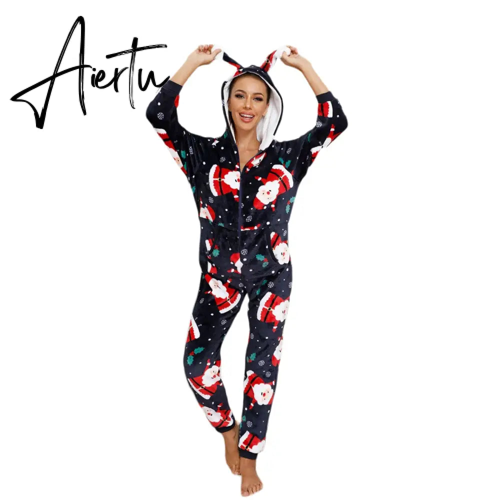 Women Winter Casual Nightwear Christmas Printed Long Sleeve Hooded Jumpsuit Loose Pajama Home Sleep Wear S/ M/ L/ XL/ XXL Aiertu