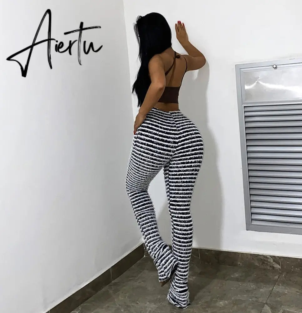 Women Winter Casual Panelled Knitted Pants  Soft High Waist Fleece Stripe Patchwork Trouser Female Classic All-match Wear Aiertu