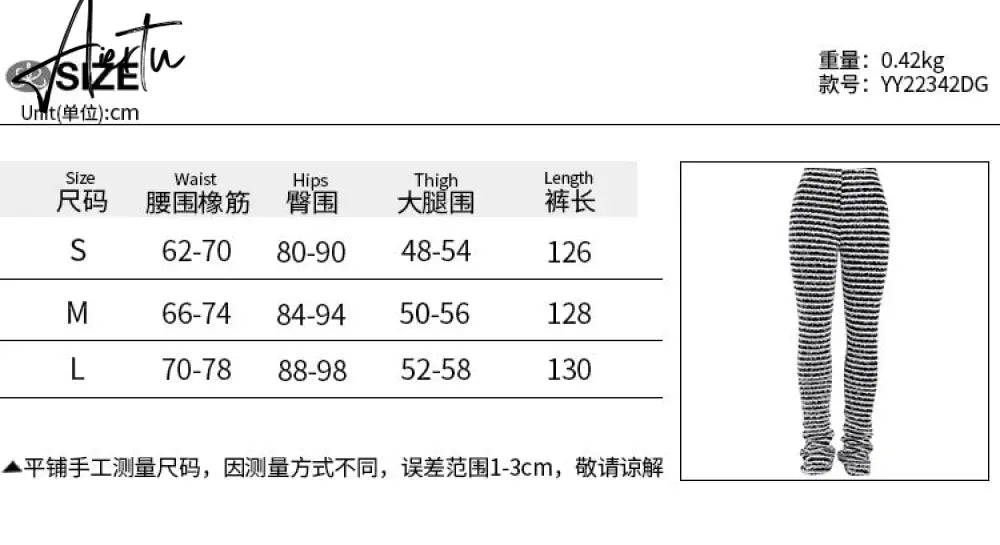 Women Winter Casual Panelled Knitted Pants  Soft High Waist Fleece Stripe Patchwork Trouser Female Classic All-match Wear Aiertu