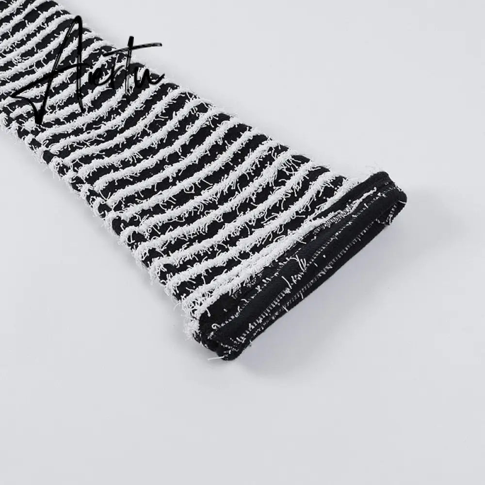 Women Winter Casual Panelled Knitted Pants  Soft High Waist Fleece Stripe Patchwork Trouser Female Classic All-match Wear Aiertu