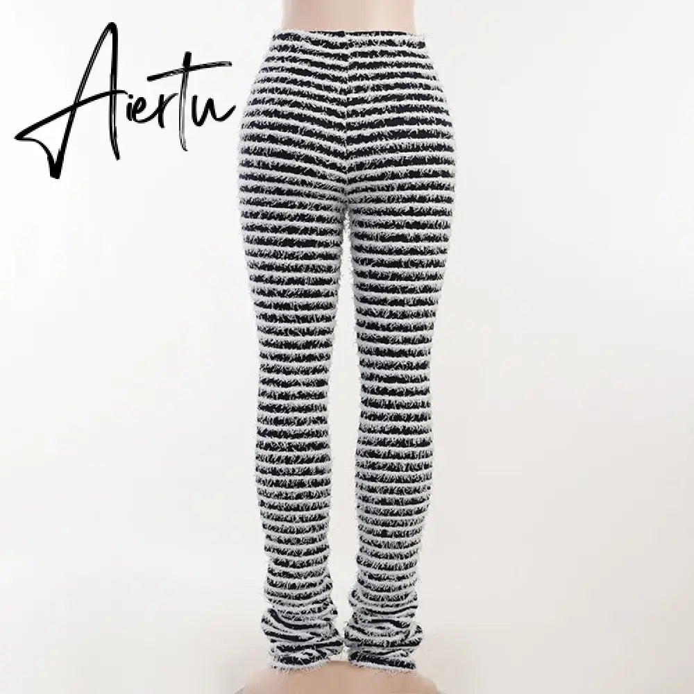 Women Winter Casual Panelled Knitted Pants  Soft High Waist Fleece Stripe Patchwork Trouser Female Classic All-match Wear Aiertu