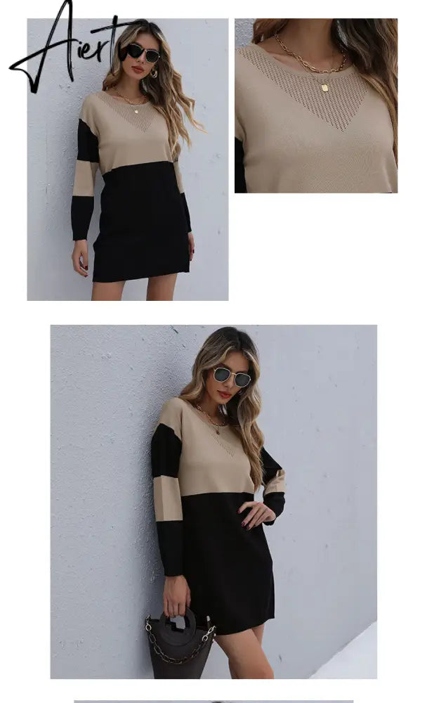 Women Winter Sweater Dresses, Women's Autumn Knitted Patchwork Pullovers Tunic Mini Dress. Aiertu