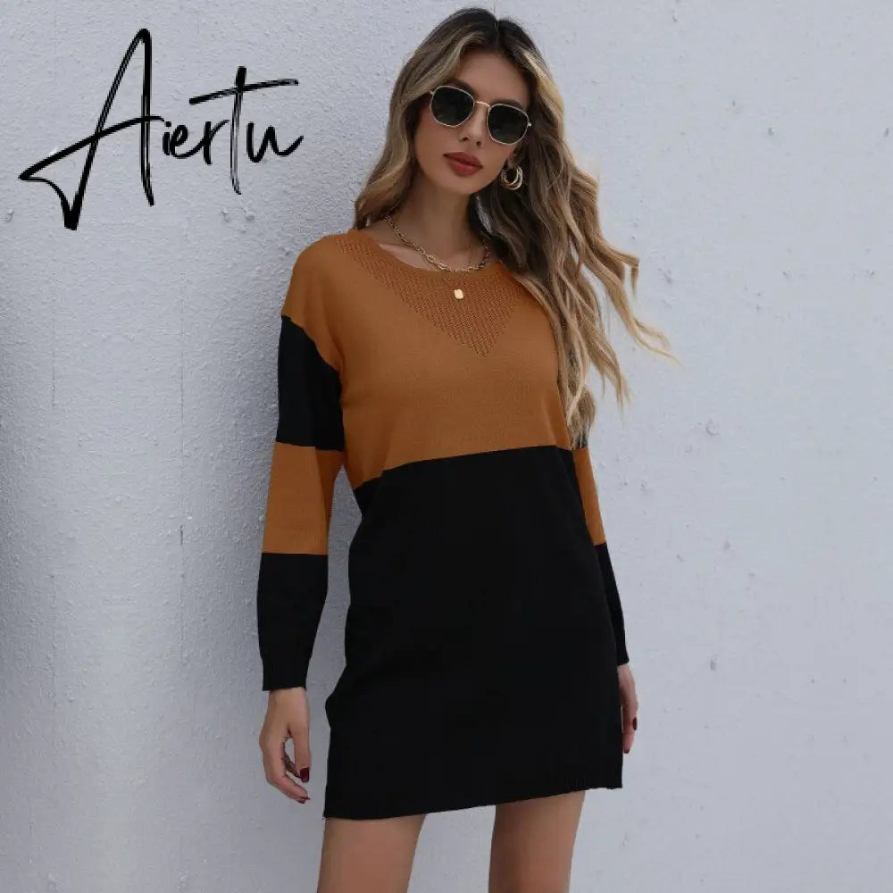 Women Winter Sweater Dresses, Women's Autumn Knitted Patchwork Pullovers Tunic Mini Dress. Aiertu