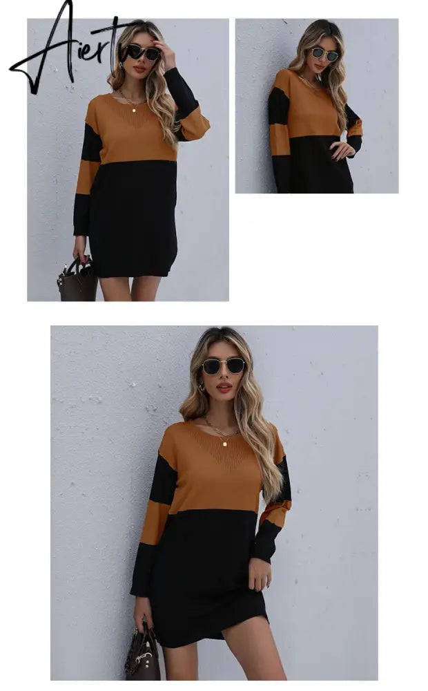Women Winter Sweater Dresses, Women's Autumn Knitted Patchwork Pullovers Tunic Mini Dress. Aiertu