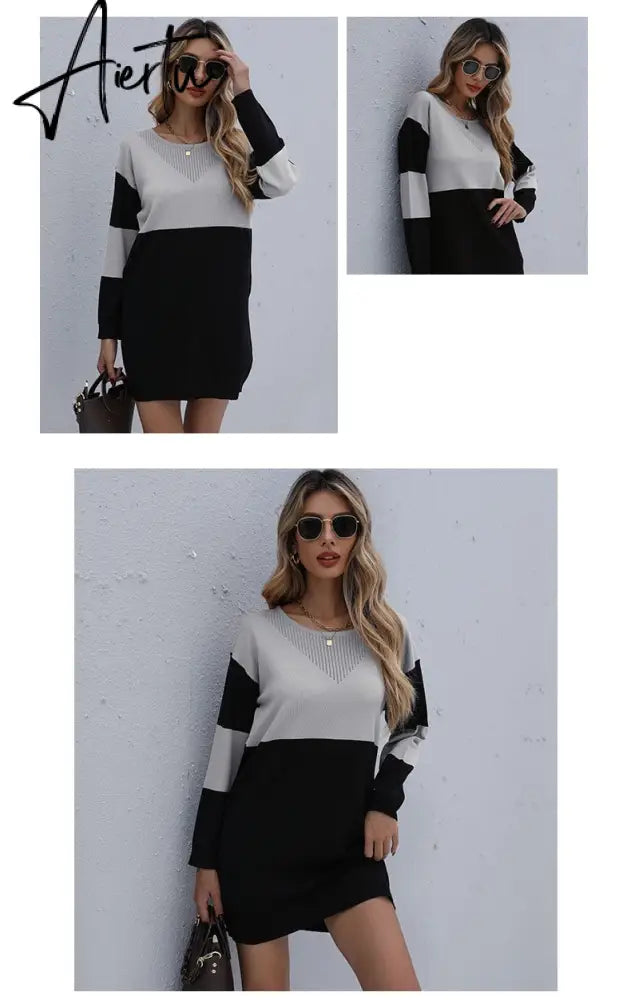 Women Winter Sweater Dresses, Women's Autumn Knitted Patchwork Pullovers Tunic Mini Dress. Aiertu