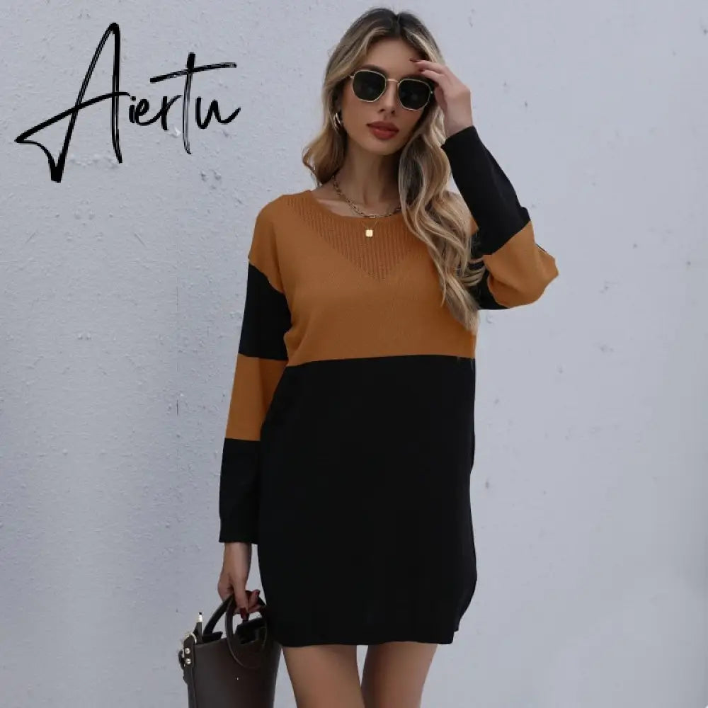 Women Winter Sweater Dresses, Women's Autumn Knitted Patchwork Pullovers Tunic Mini Dress. Aiertu