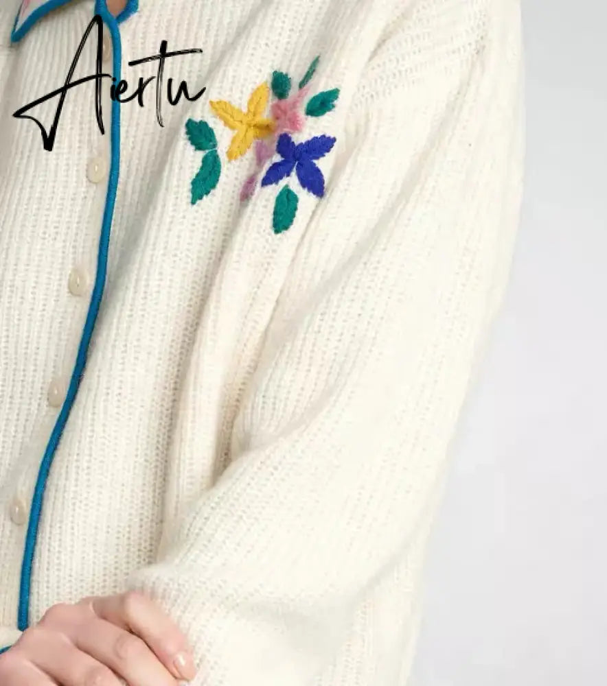 Women Wool Floral Embroidered·Lapel-collar Vintage Cardigan Korean Dongdaemun Autumn/Winter New in Classic Retro Knit Top Aiertu