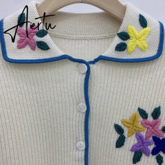 Women Wool Floral Embroidered·Lapel-collar Vintage Cardigan Korean Dongdaemun Autumn/Winter New in Classic Retro Knit Top Aiertu