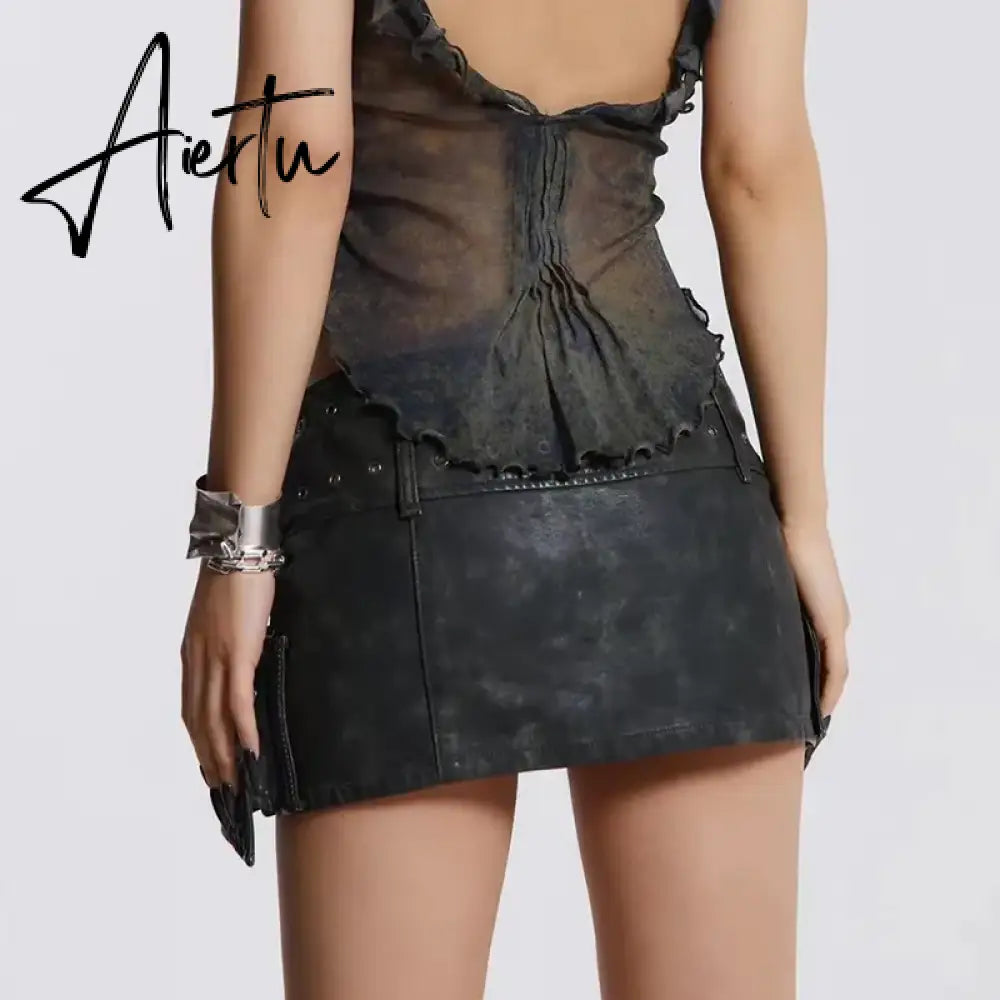 Women Y2K Sexy Mini Leather Skirt Dropped Low Waist PU Hot Skirt Aiertu
