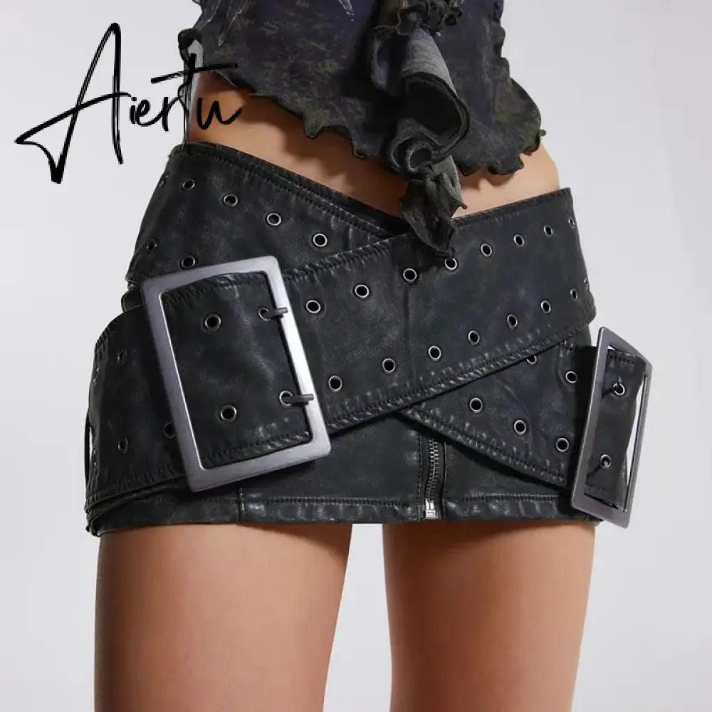 Women Y2K Sexy Mini Leather Skirt Dropped Low Waist PU Hot Skirt Aiertu