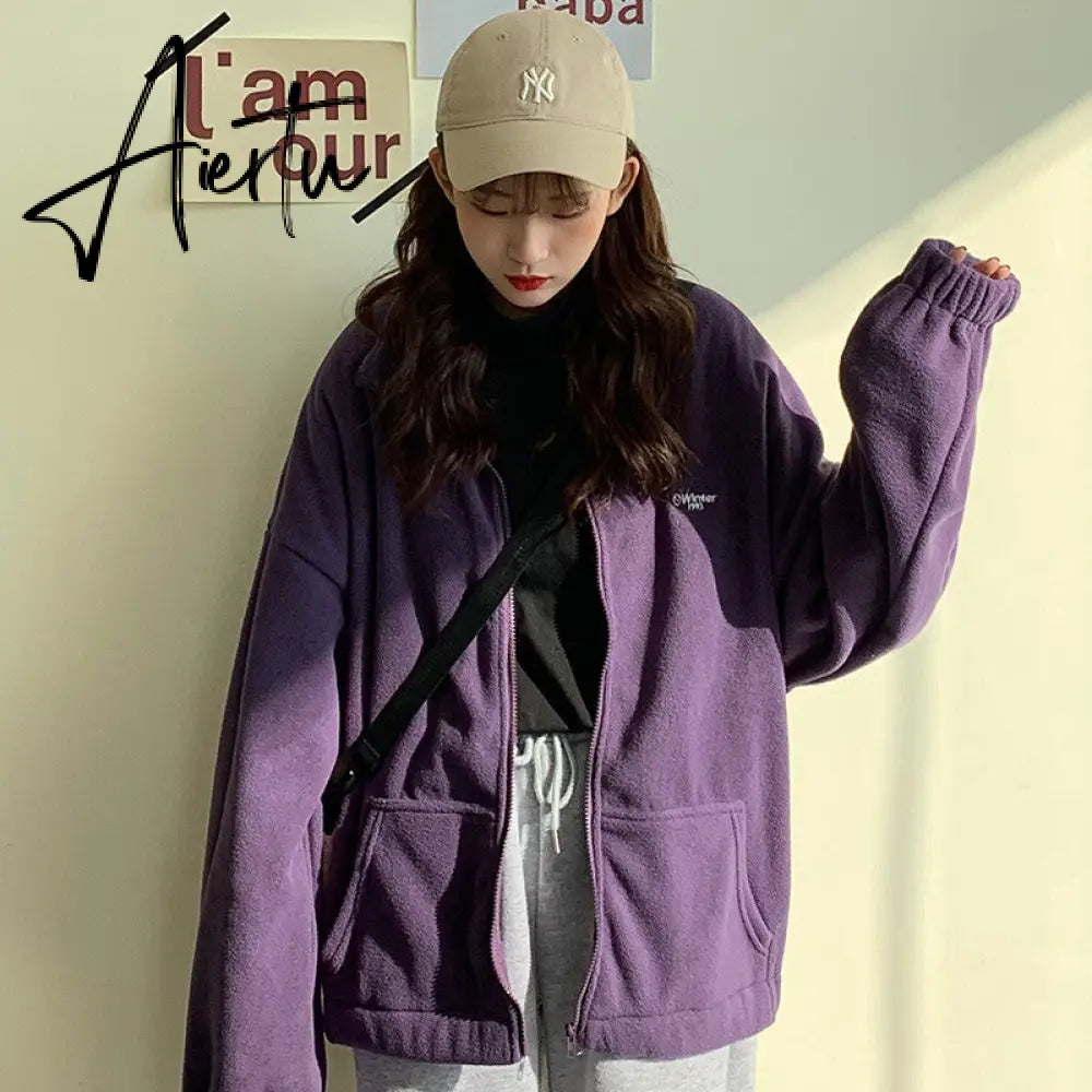 Women Zipper Pocket Jackets Letter Printed Long Sleeve Loose Lapel Jackets Plus Velvet Casual Autumn Winter Street Sweatshirts Aiertu