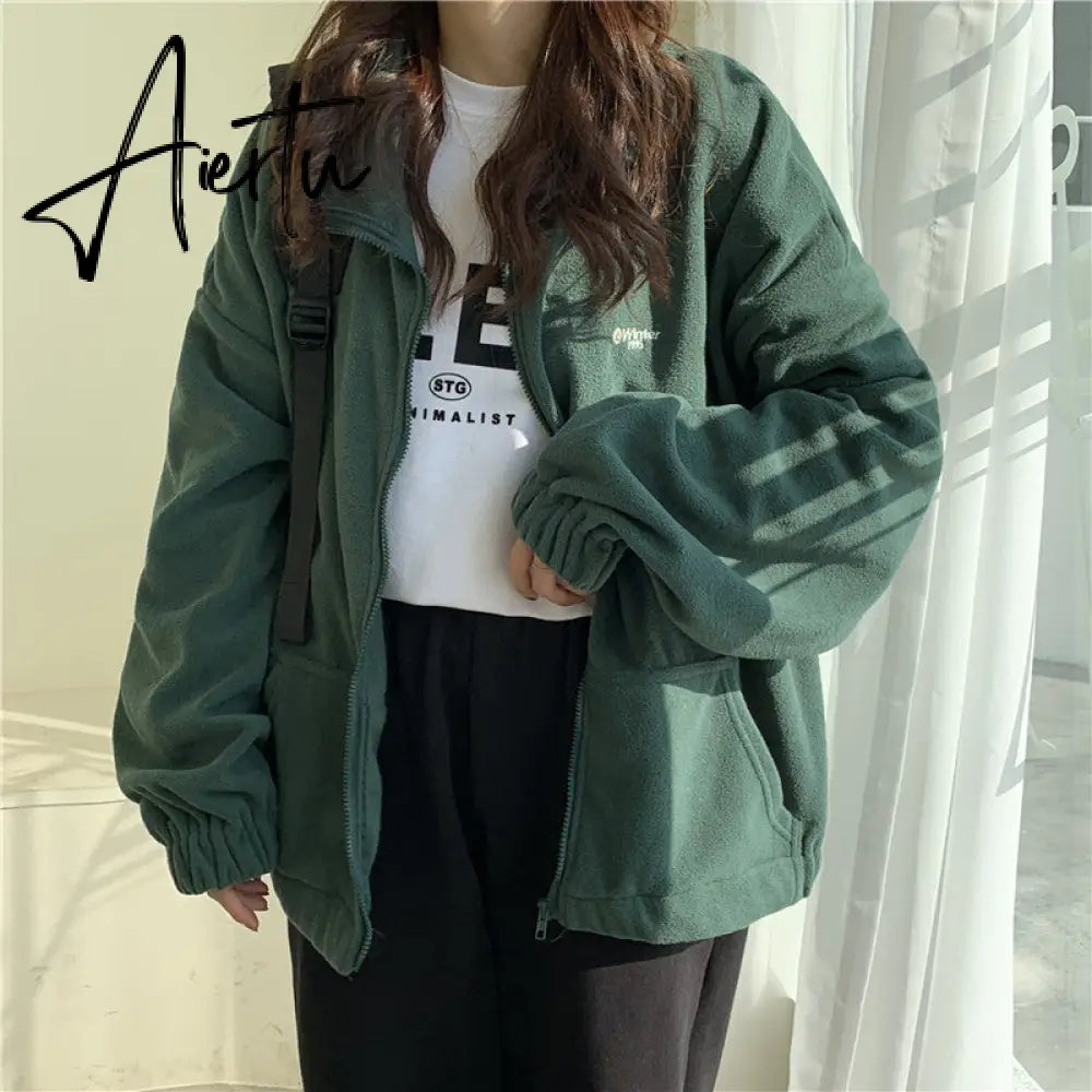 Women Zipper Pocket Jackets Letter Printed Long Sleeve Loose Lapel Jackets Plus Velvet Casual Autumn Winter Street Sweatshirts Aiertu