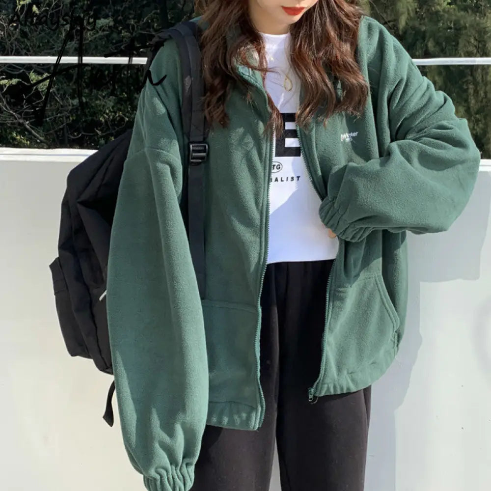 Women Zipper Pocket Jackets Letter Printed Long Sleeve Loose Lapel Jackets Plus Velvet Casual Autumn Winter Street Sweatshirts Aiertu