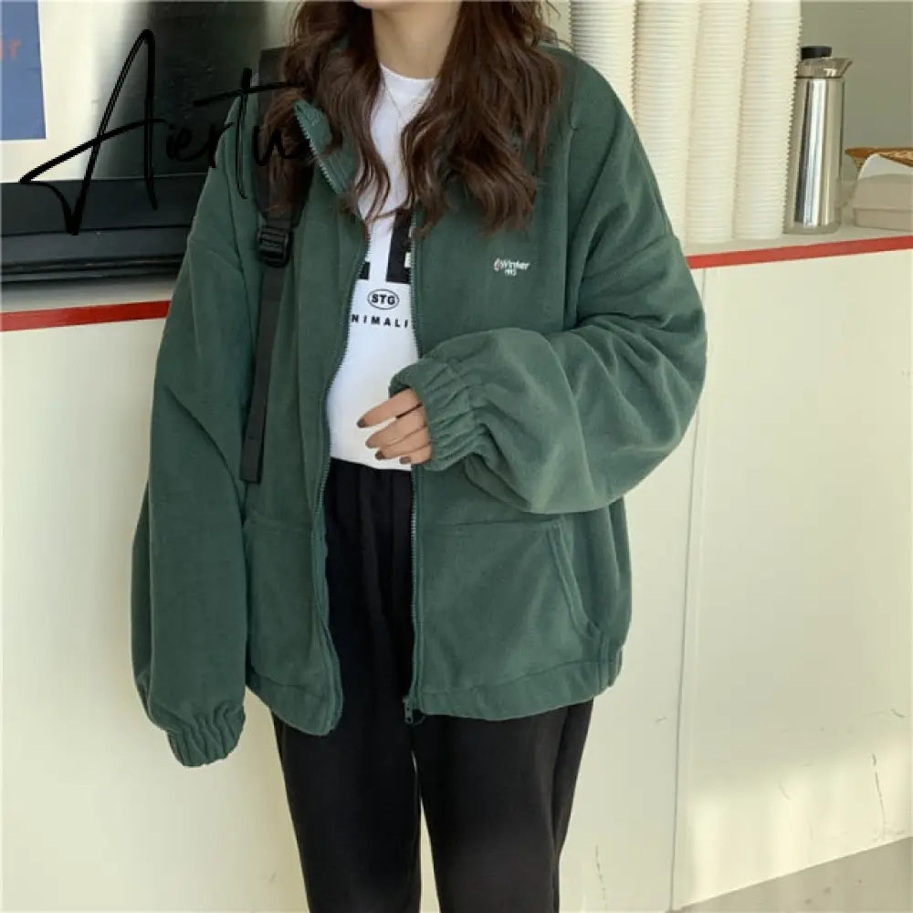 Women Zipper Pocket Jackets Letter Printed Long Sleeve Loose Lapel Jackets Plus Velvet Casual Autumn Winter Street Sweatshirts Aiertu