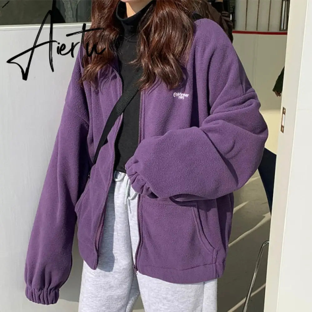 Women Zipper Pocket Jackets Letter Printed Long Sleeve Loose Lapel Jackets Plus Velvet Casual Autumn Winter Street Sweatshirts Aiertu