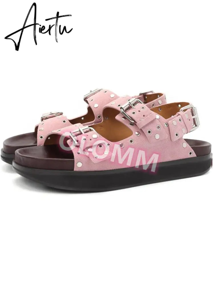 Women's Casual Metal Buckle Platform Sandals  Lolita Shoes Thick-Soled Rivet New Cowhide Open-Toe Beach Vacation Flat Slippers Aiertu