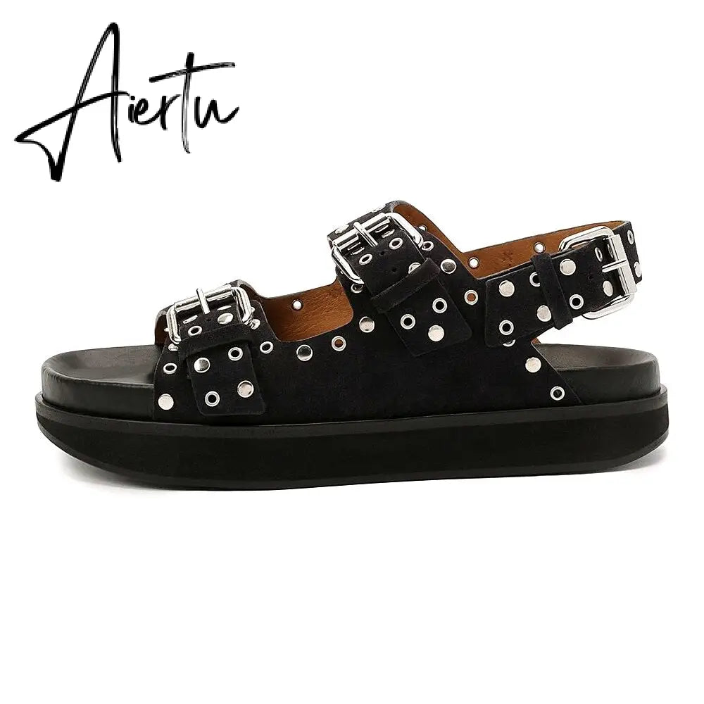 Women's Casual Metal Buckle Platform Sandals  Lolita Shoes Thick-Soled Rivet New Cowhide Open-Toe Beach Vacation Flat Slippers Aiertu