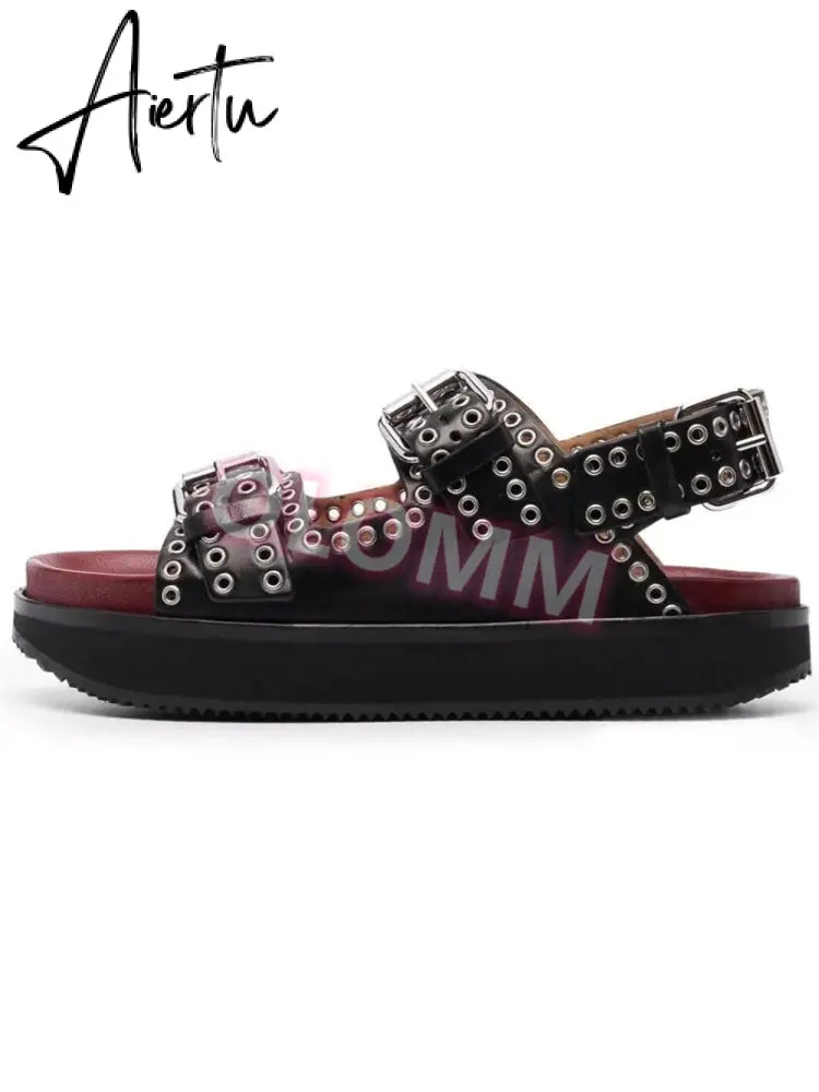 Women's Casual Metal Buckle Platform Sandals  Lolita Shoes Thick-Soled Rivet New Cowhide Open-Toe Beach Vacation Flat Slippers Aiertu