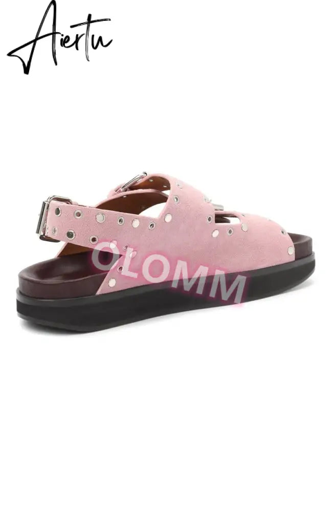 Women's Casual Metal Buckle Platform Sandals  Lolita Shoes Thick-Soled Rivet New Cowhide Open-Toe Beach Vacation Flat Slippers Aiertu