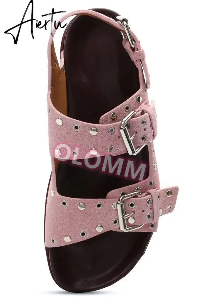 Women's Casual Metal Buckle Platform Sandals  Lolita Shoes Thick-Soled Rivet New Cowhide Open-Toe Beach Vacation Flat Slippers Aiertu