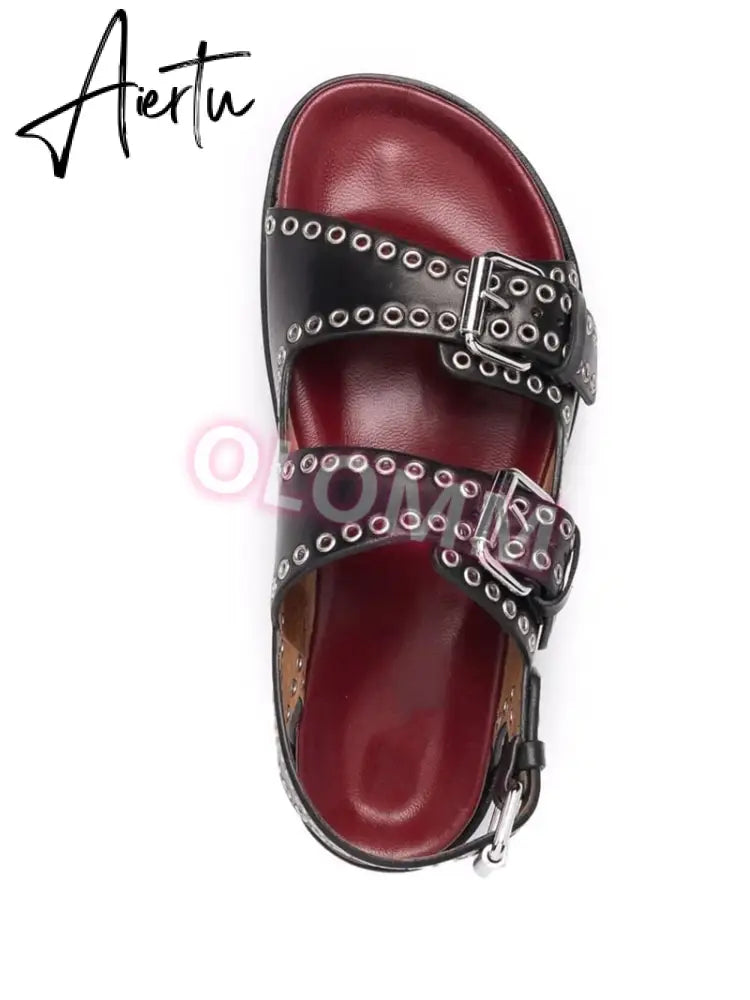 Women's Casual Metal Buckle Platform Sandals  Lolita Shoes Thick-Soled Rivet New Cowhide Open-Toe Beach Vacation Flat Slippers Aiertu