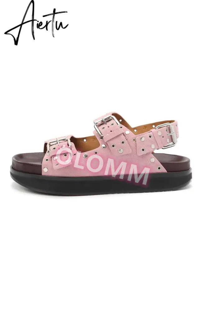 Women's Casual Metal Buckle Platform Sandals  Lolita Shoes Thick-Soled Rivet New Cowhide Open-Toe Beach Vacation Flat Slippers Aiertu