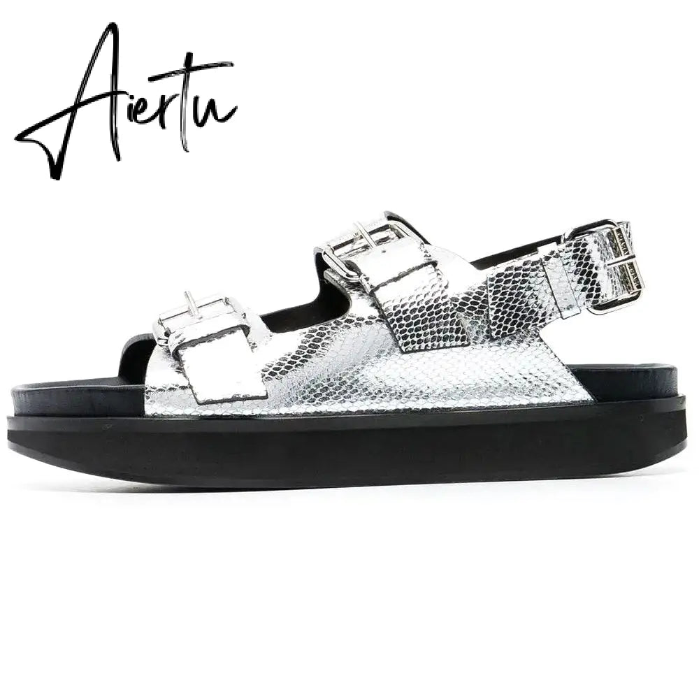 Women's Casual Metal Buckle Platform Sandals  Lolita Shoes Thick-Soled Rivet New Cowhide Open-Toe Beach Vacation Flat Slippers Aiertu