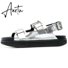 Women's Casual Metal Buckle Platform Sandals  Lolita Shoes Thick-Soled Rivet New Cowhide Open-Toe Beach Vacation Flat Slippers Aiertu