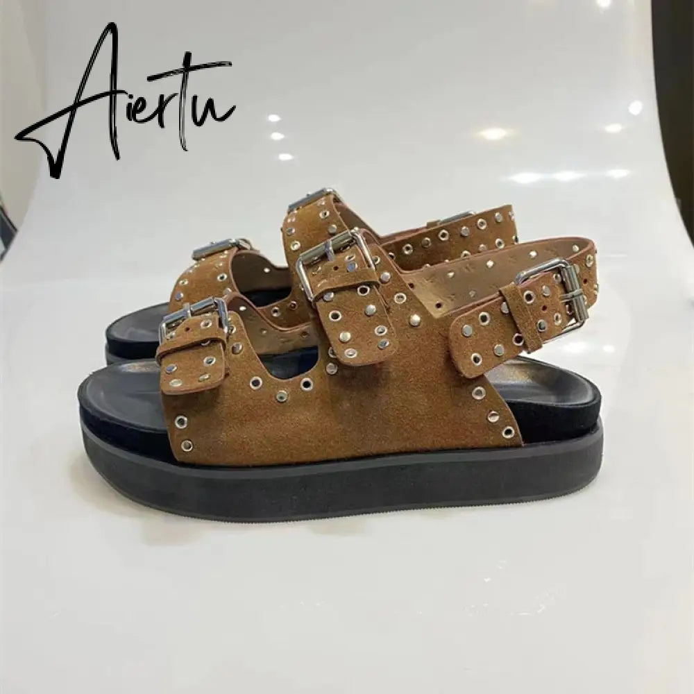 Women's Casual Metal Buckle Platform Sandals  Lolita Shoes Thick-Soled Rivet New Cowhide Open-Toe Beach Vacation Flat Slippers Aiertu