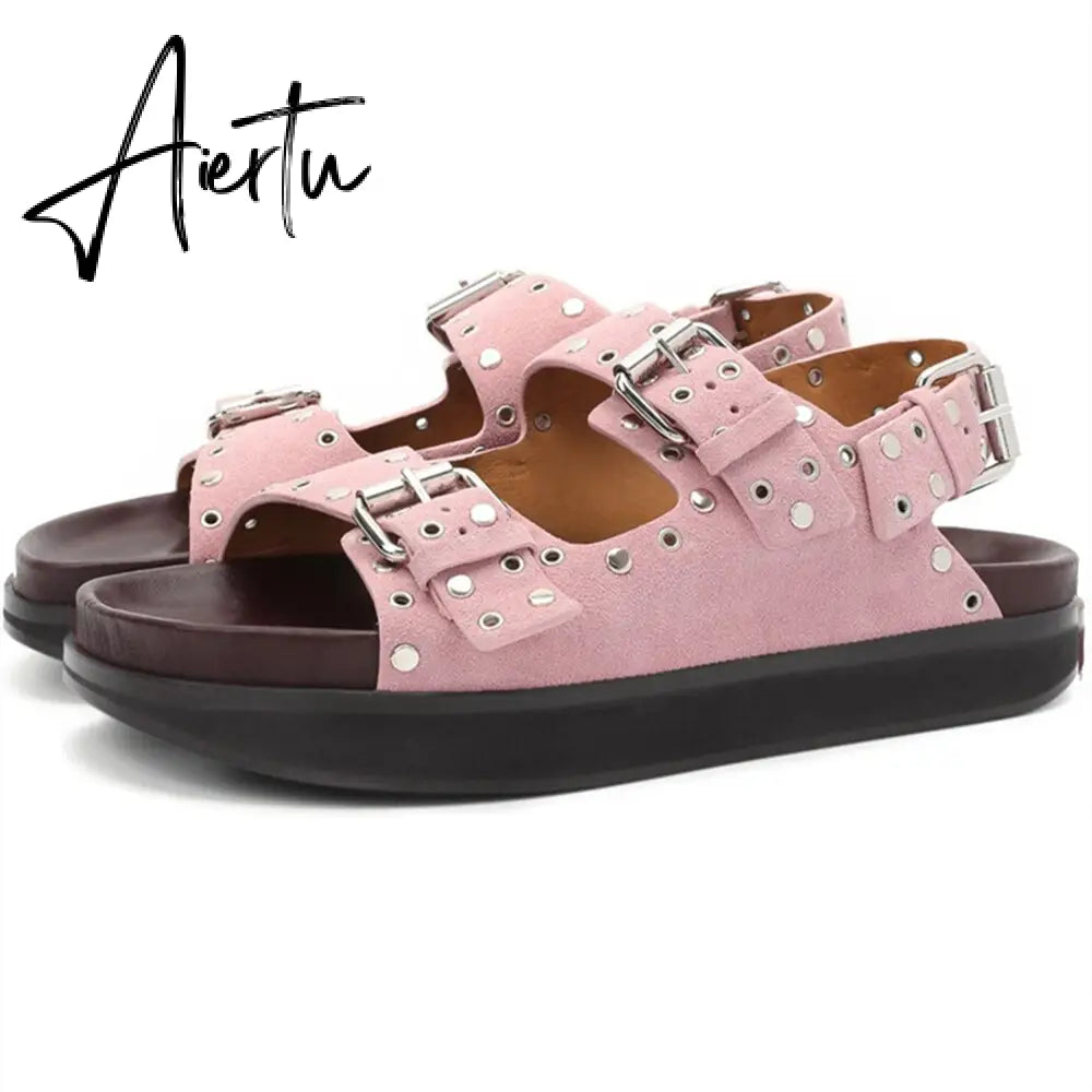Women's Casual Metal Buckle Platform Sandals  Lolita Shoes Thick-Soled Rivet New Cowhide Open-Toe Beach Vacation Flat Slippers Aiertu
