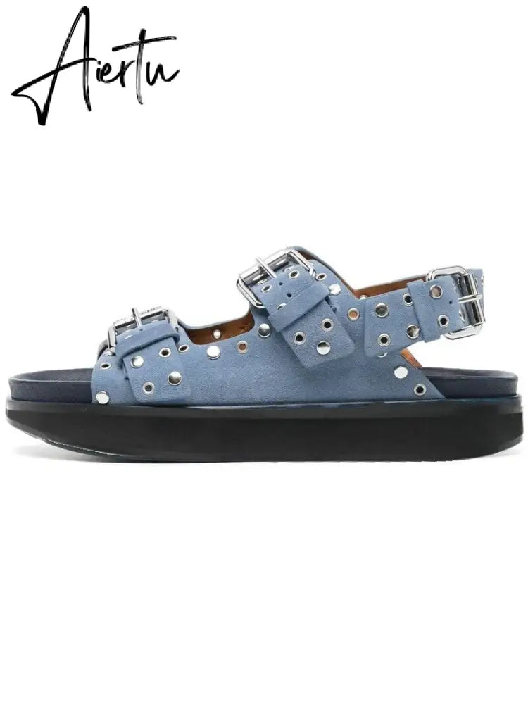Women's Casual Metal Buckle Platform Sandals  Lolita Shoes Thick-Soled Rivet New Cowhide Open-Toe Beach Vacation Flat Slippers Aiertu