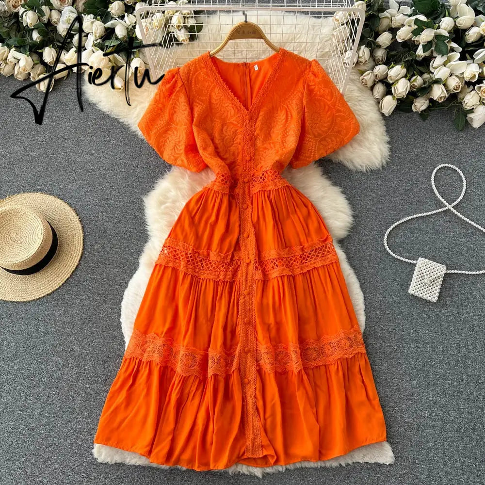 Women's Chic Solid Color Puff Sleeve V Neck A Line Dress Lady Summer Holiday Short Sleeve High Waist Long Dress Aiertu