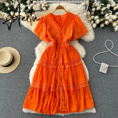 Women's Chic Solid Color Puff Sleeve V Neck A Line Dress Lady Summer Holiday Short Sleeve High Waist Long Dress Aiertu