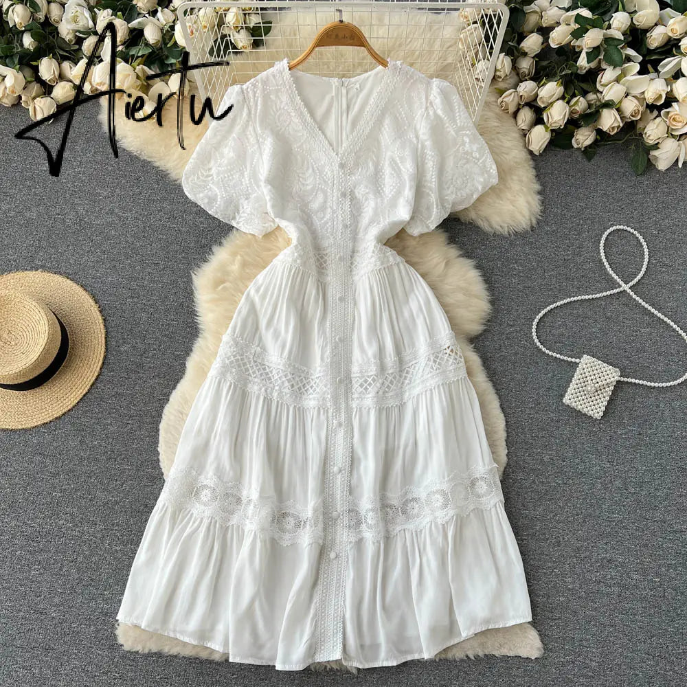 Women's Chic Solid Color Puff Sleeve V Neck A Line Dress Lady Summer Holiday Short Sleeve High Waist Long Dress Aiertu