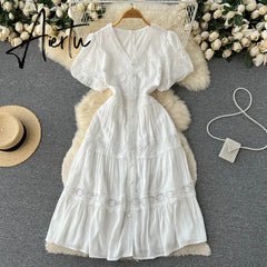 Women's Chic Solid Color Puff Sleeve V Neck A Line Dress Lady Summer Holiday Short Sleeve High Waist Long Dress Aiertu