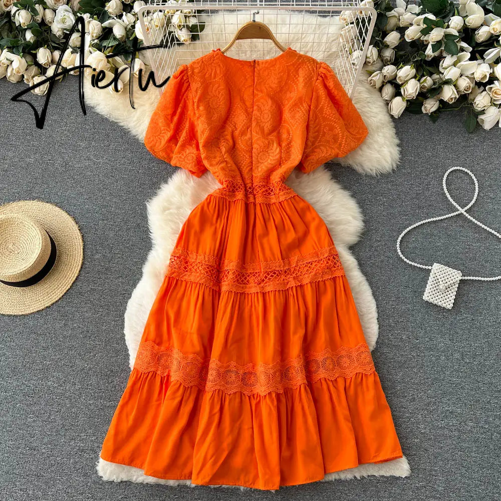 Women's Chic Solid Color Puff Sleeve V Neck A Line Dress Lady Summer Holiday Short Sleeve High Waist Long Dress Aiertu