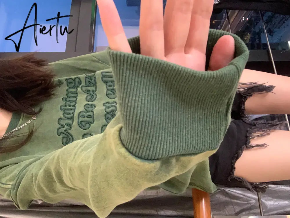 Womens Clothing Green Vintage Street Sweatshirt Hoodie Letter Printing Long Sleeves Casual Warm Oversize Baggy Ladies Tops Aiertu
