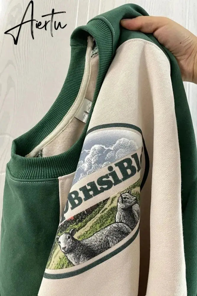 Womens Clothing Green Vintage Street Sweatshirt Hoodie Letter Printing Long Sleeves Casual Warm Oversize Baggy Ladies Tops Aiertu