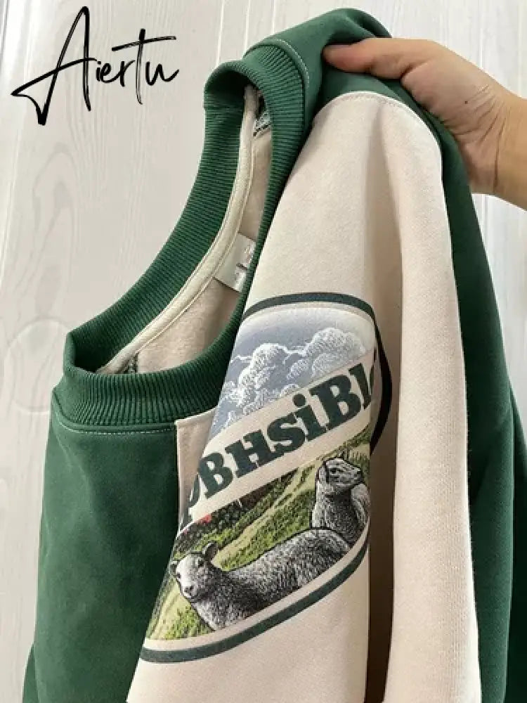 Womens Clothing Green Vintage Street Sweatshirt Hoodie Letter Printing Long Sleeves Casual Warm Oversize Baggy Ladies Tops Aiertu