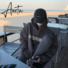 Womens Clothing Grey Vintage Street Sweatshirt Hoodie Letter Printing Long Sleeves Casual Warm Oversize Baggy Ladies Tops Autumn Aiertu
